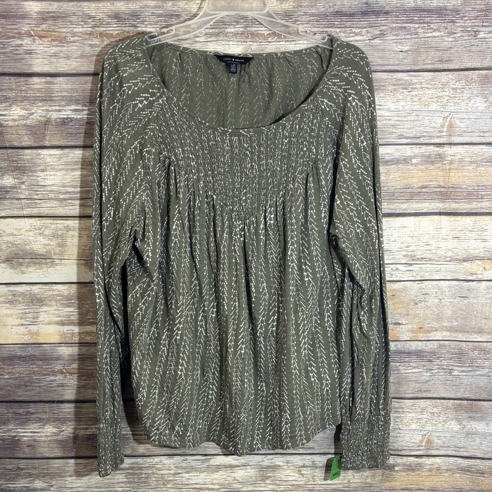 Lucky Brand Blouse Long‎ Sleeve Top L Large Sage Green Patterned Shirred Loose - Picture 2 of 5